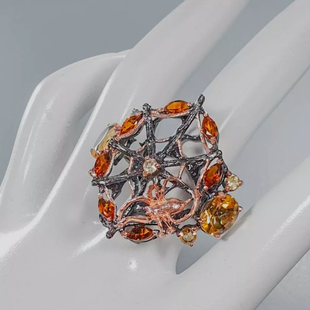 Citrine Sterling Rosegold Spiderweb Ring Sz8